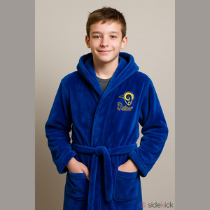 Blue RAMS Hooded Bathrobe, Size Youth, PTP 20”, Length 32”,  plush, (T4)